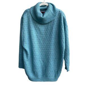 Vintage 80s Blue Cowl Neck Long Sweater Mohair Blend Size‎ L Cozy Shoulder Pads